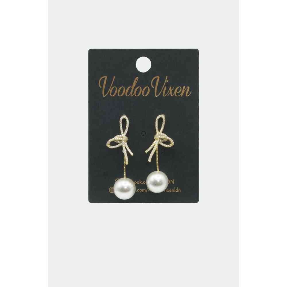 Voodoo Vixen - Diamante Bow And Pearl Drop Des boucles d'oreilles - Couleur or
